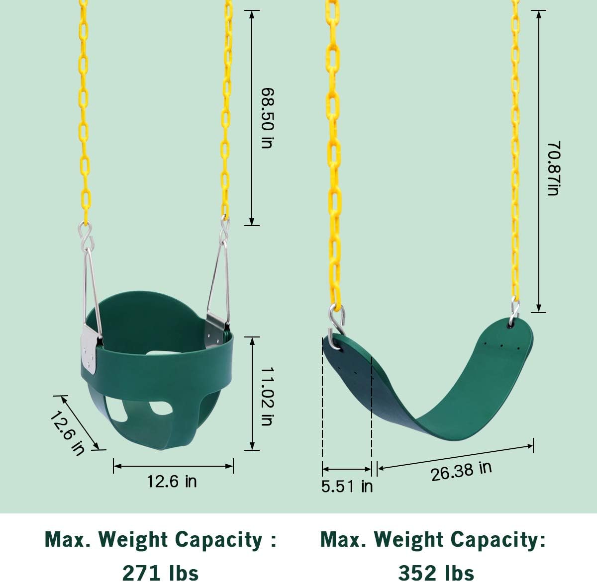 Tgzwme 2 Pack High Back Full Bucket Swing and Swings Seats Heavy Duty with 70.87" Chain Plastic Coated, Playground Swing Set Accessories Replacement with Snap Hooks for Kids Adults Playground (Green) : Toys & Games