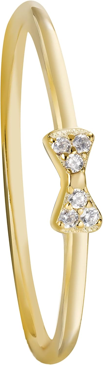 18K Gold Plated 925 Sterling Silver Pave Ribbon Bow Tie Knot Ring Stackable Wedding Engagement Band with Cubic Zirconia, Nickel Free Hypoallergenic for Sensitive Skin with Gift Box