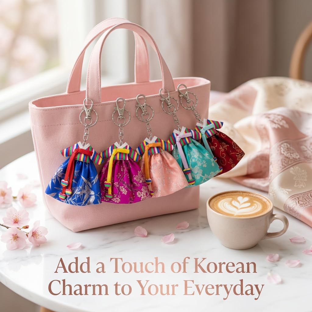 Korean Traditional Dress Design Keychain Set of 5 – Korean Key Ring Souvenir Gift, Colorful Cultural Bag Charm