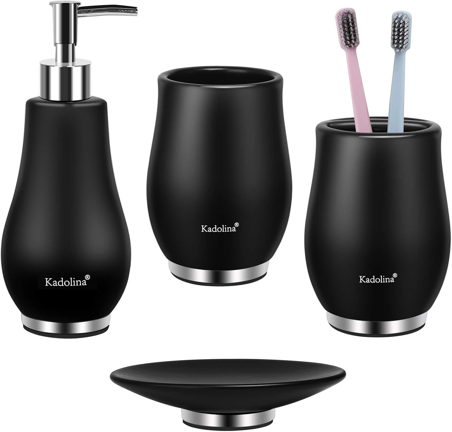 Kadolina Black Bathroom Accessories Set, Toothbrush Holder Set, Lotion Soap Dispenser, Soap Dish, Tumbler Cup, Ceramic Vanity Countertop Accessory Set Bath Restroom (4 Pcs)