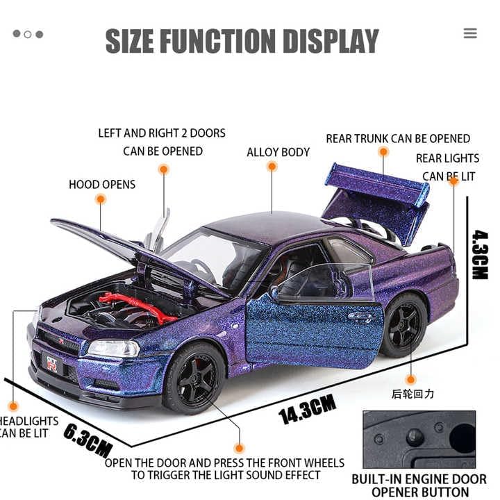 Image of Scale 1:32 Nissan Skyline GTR-R34 - White Alloy Diecast Pullback Metal Car Toy with Sound Light & Opening Doors - Best Gift Toy for Kids