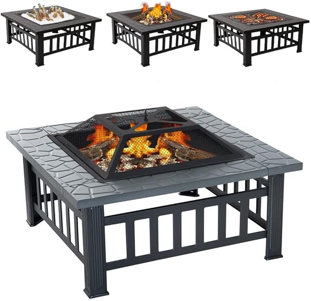 Multibao Large Fire Pit Table with BBQ Grill Shelf, 3 in 1 Square Fire pit for Barbecue, Heater, Ice Pit, Metal Brazier for Garden Patio Outdoor, with Waterproof Cover 81cm X 81cm X 45cm