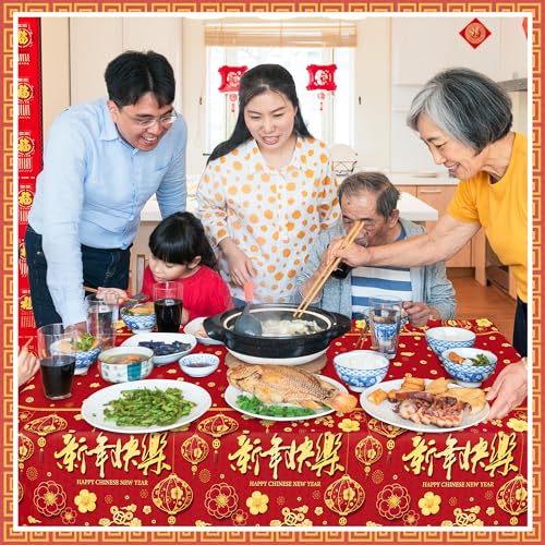 Image of 3 Pack Chinese New Year Decorations 2026, 54 x 108 Inches Red Plastic Table Cloths, Disposable Lunar New Year Table Cloth Rectangle Tablecloths Tablecover, Spring Festival Year of the Horse Decor
