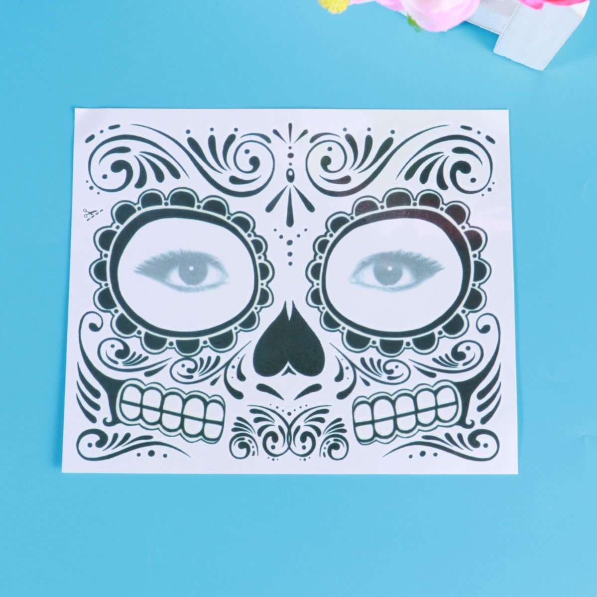 2 Pezzi Tatuaggi Temporanei Impermeabili per Halloween Tatuaggio Faccia Scheletro Nero in Carta Sicuro per Feste e Party Design T-007