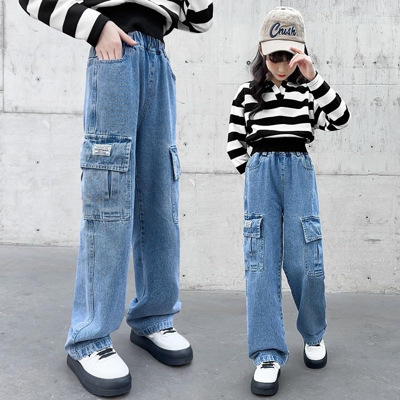 Straight Leg Pants Spring and Autumn Style Western Girls Casual Loose Wide Leg Jeans (US, Numeric Height, Front and Back Pockets Star Wide Leg Jeans 160CM)2