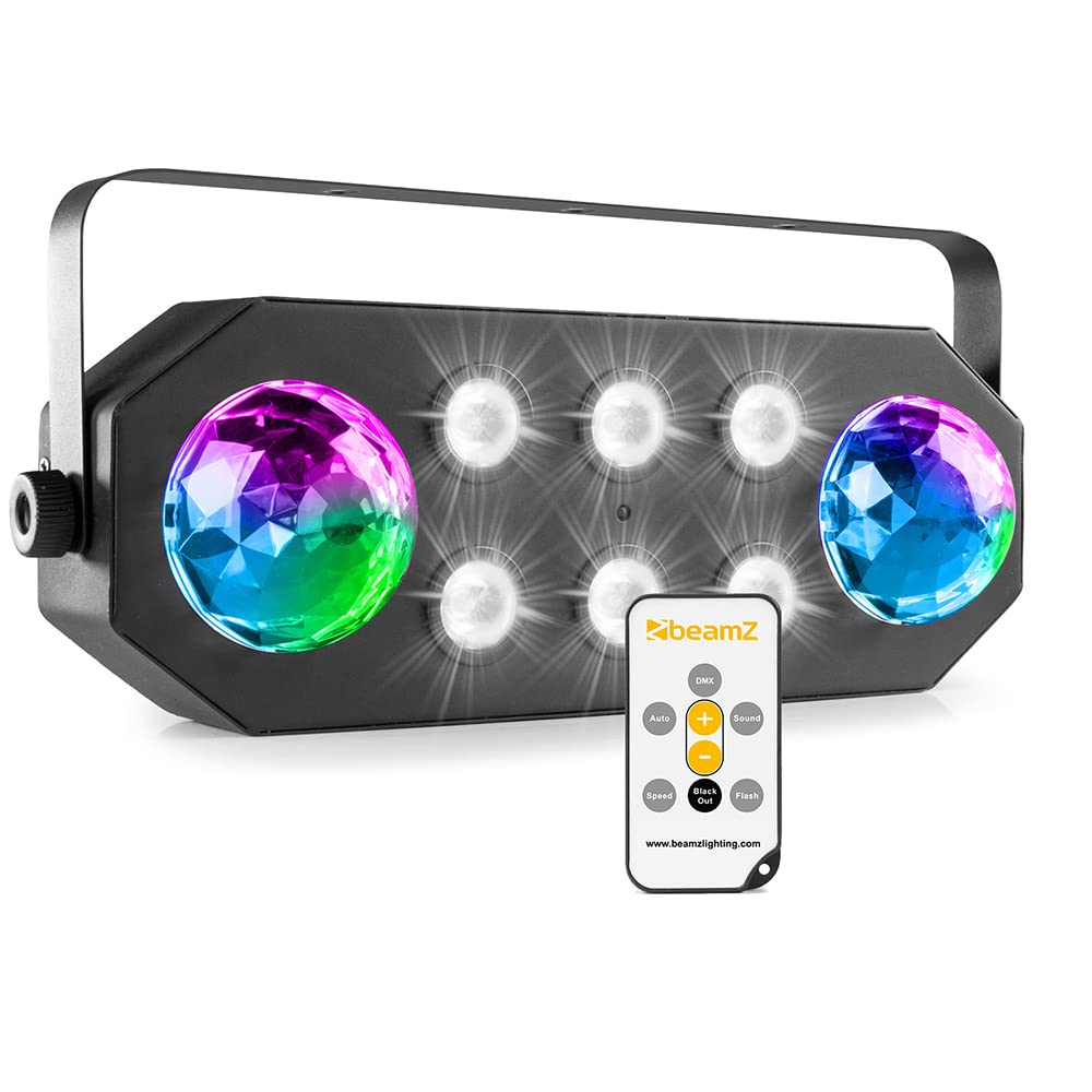 BeamZ StrobeMoon Jeu de Lumière 2 en 1 - Effets Colorés et Fonction Stroboscopique, Mode Autonome ou Détection du Son, Shows Préprogrammés, Télécommande, Idéal pour Animer vos Soirées