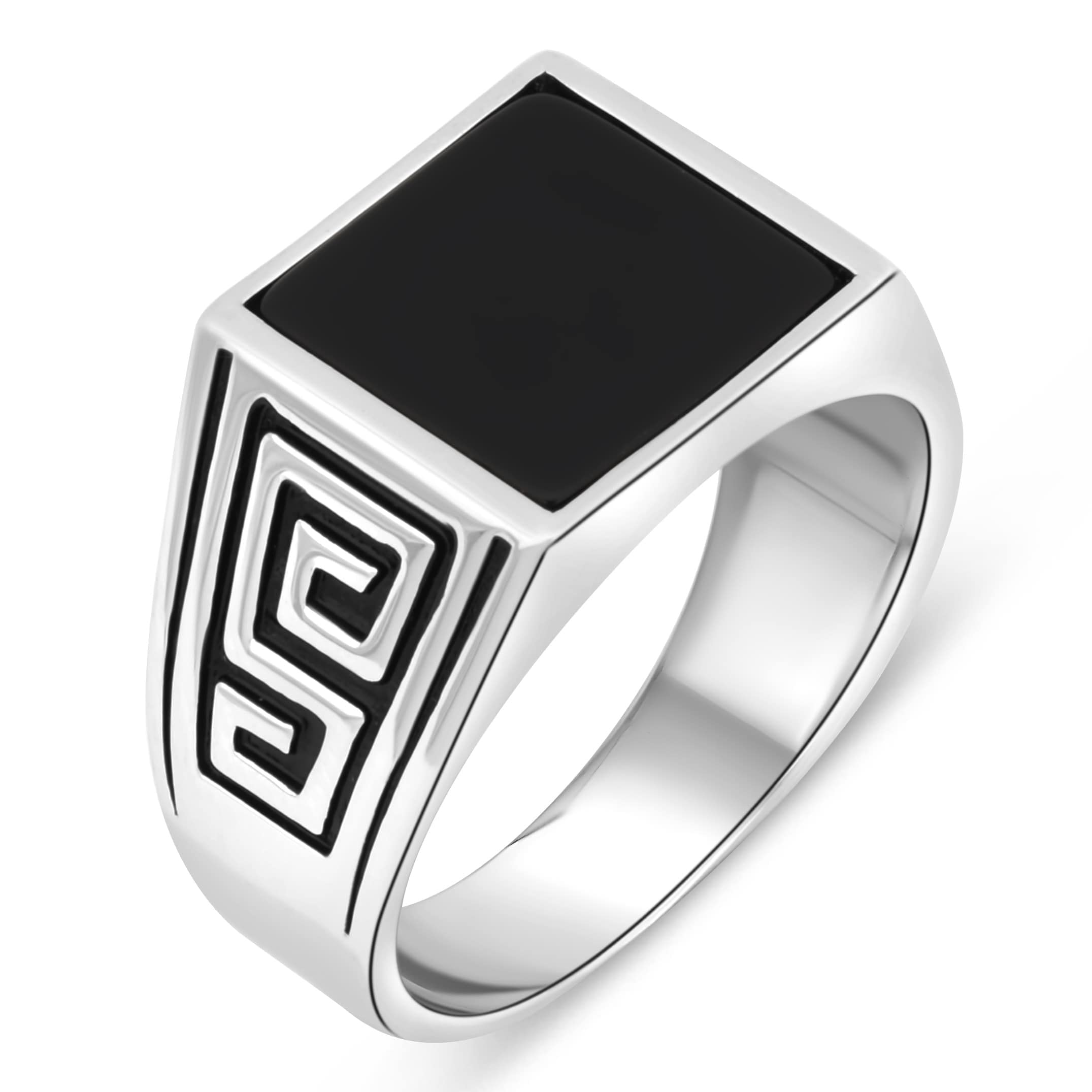 Siegelring Onyx Stein Schwarz mit griechischem Muster 925 Silber Rhodiniert Anlaufgeschützt für Herren