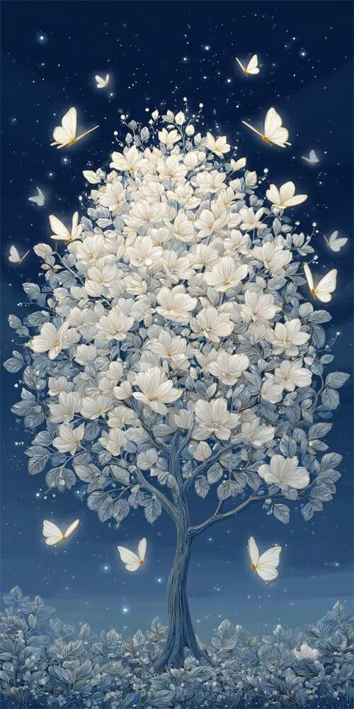 Diamond Painting Kits for Adults, 5D Diamond Art White Butterfly 40x90cm, DIY Large Flower Tree Dimond Art kits Adults, Square Drill Crystal Rhinestone Embroidery Canvas for Home Decor (SQ855)