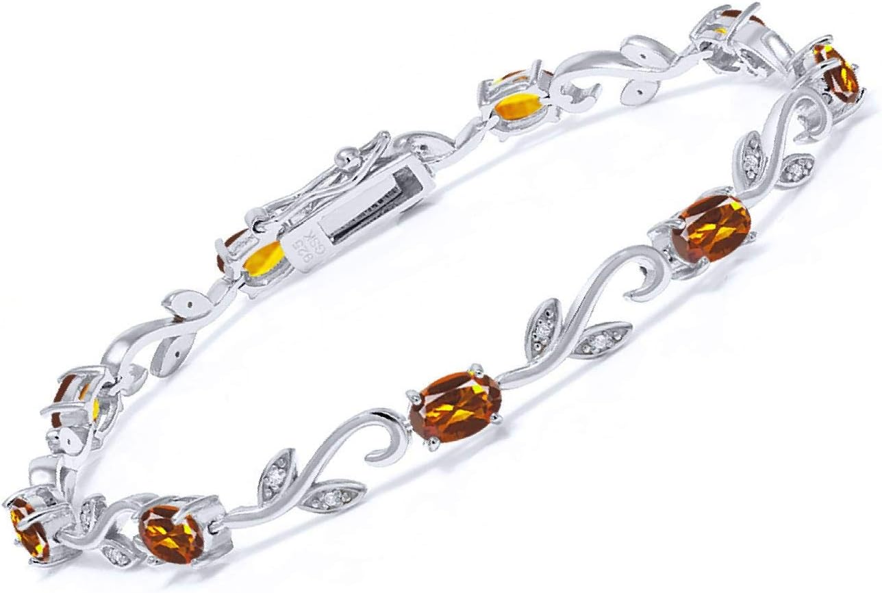 Gem Stone King 3.73 Cttw Orange Red Madeira Citrine and Diamond Greek Vine Tennis Bracelet For Women | 925 Sterling Silver | Gemstone Birthstone | Oval 6X4MM | 7 Inch