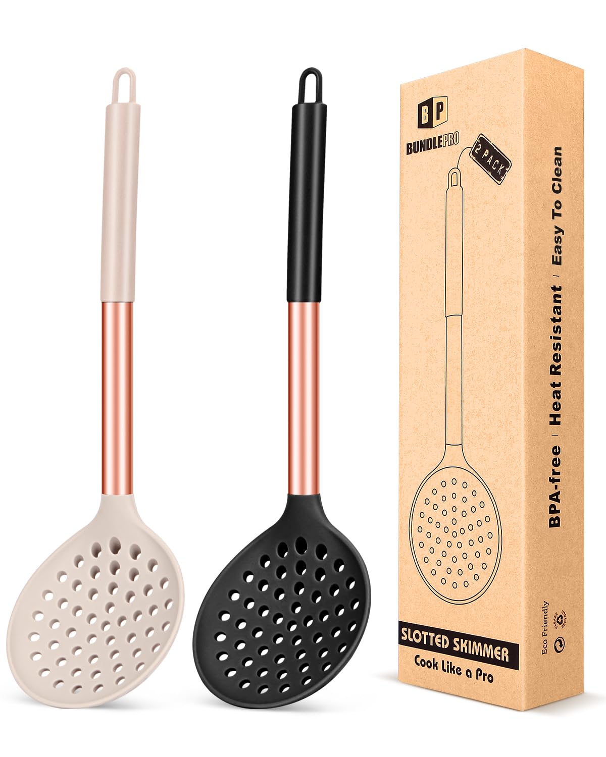 Kitchen Ladle Strainer Set of 2 Large Slotted Spoon with High Heat Resistant BPA Free Non Stick Cooking Skimmers For Draining and Frying