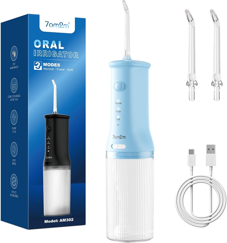 7AM2M Cordless Water Flosser Oral Irrigator, IPX7 Waterproof, Light Blue | 3 Cleaning Modes, 2 Jet Tips, Fast Rechargeable, Compact for Travel & Home Daily Oral Care