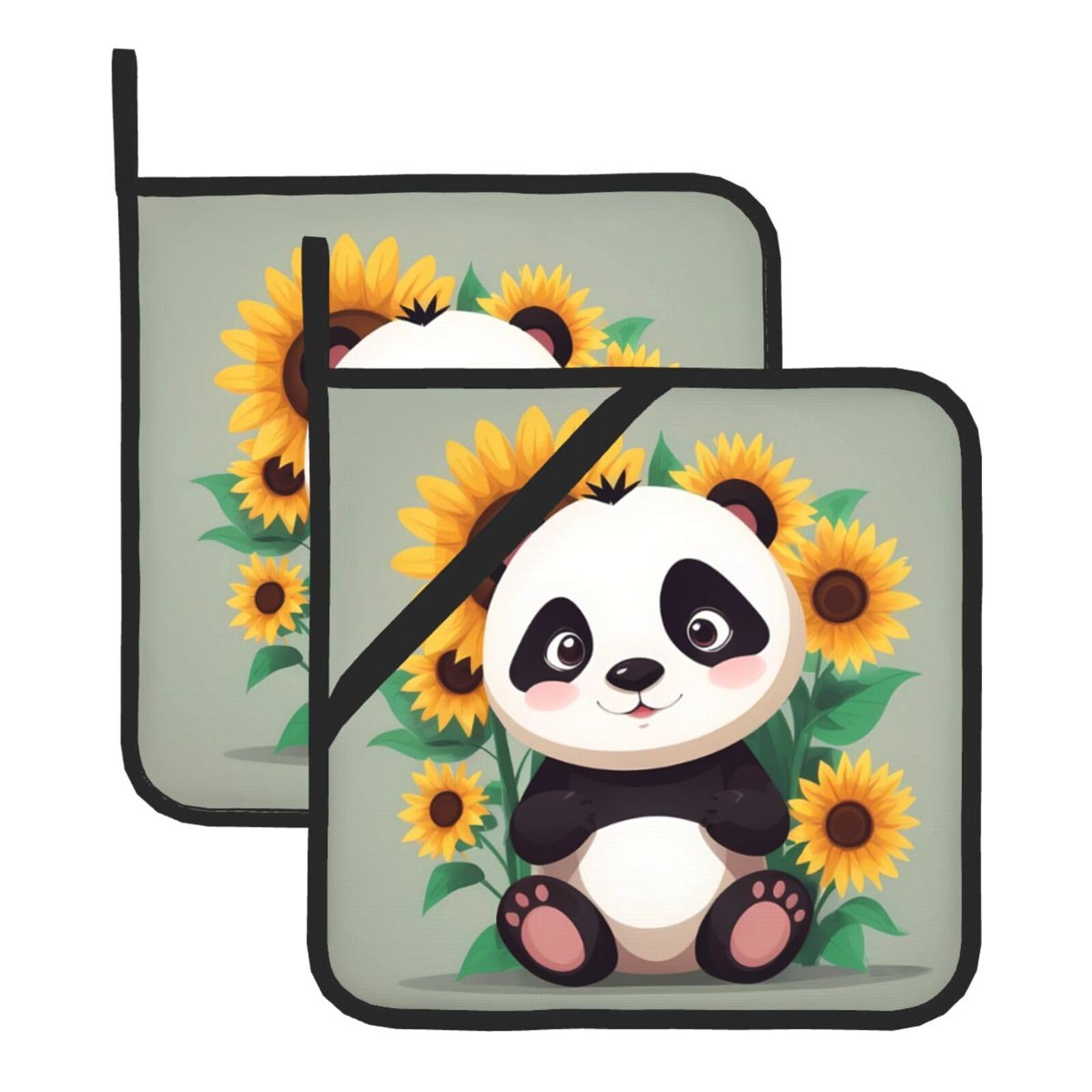 HJFCZH Cute Panda Sunflower Printed Square Insulated Pot Mat Set (2-Piece) 8x8in Waterproof, Thickened & Easy to Clean with Lanyard Design for Kitchen, Oven & BBQ