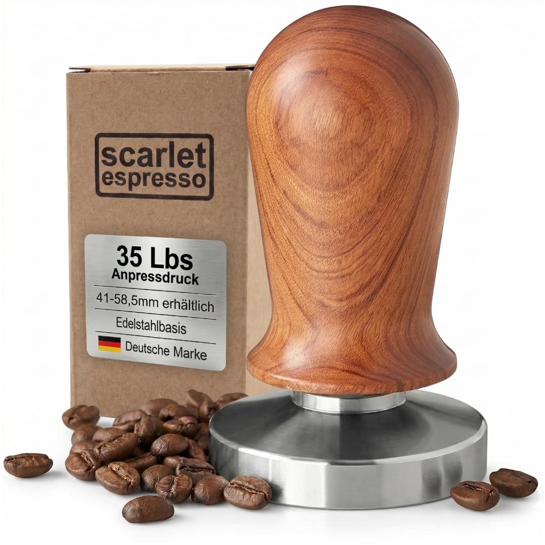 Scarlet Espresso | Tamper "Perfetto" per barista; calibrato a 35 libbre; con manico in alluminio o legno pregiato e base in acciaio inox di precisione (sandalo – rosso, 41 mm)