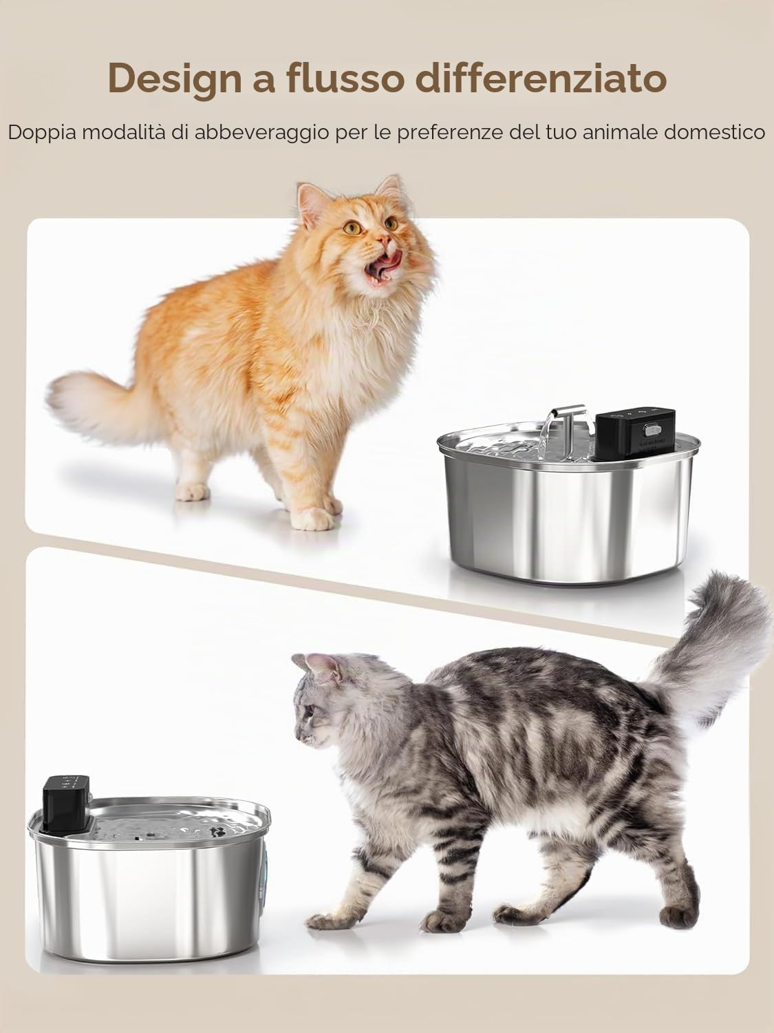Fontana per gatti in acciaio inox con 3 modalità di funzionamento: fontana senza fili da 3,2 l, pompa ultra silenziosa e design a doppio ugello – con 3 set di filtri
