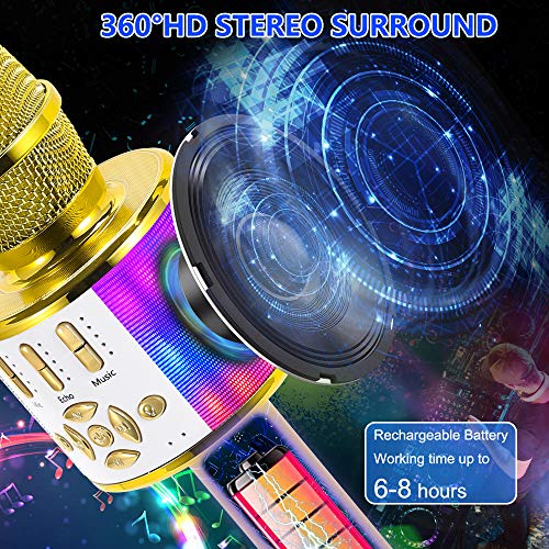Image of Amazmic Kids Karaoke Microphone Machine Toy Bluetooth Microphone Portable Wireless Karaoke Machine Handheld with LED Lights, Gift for Children Adults Birthday Party, Home KTV(Gold)
