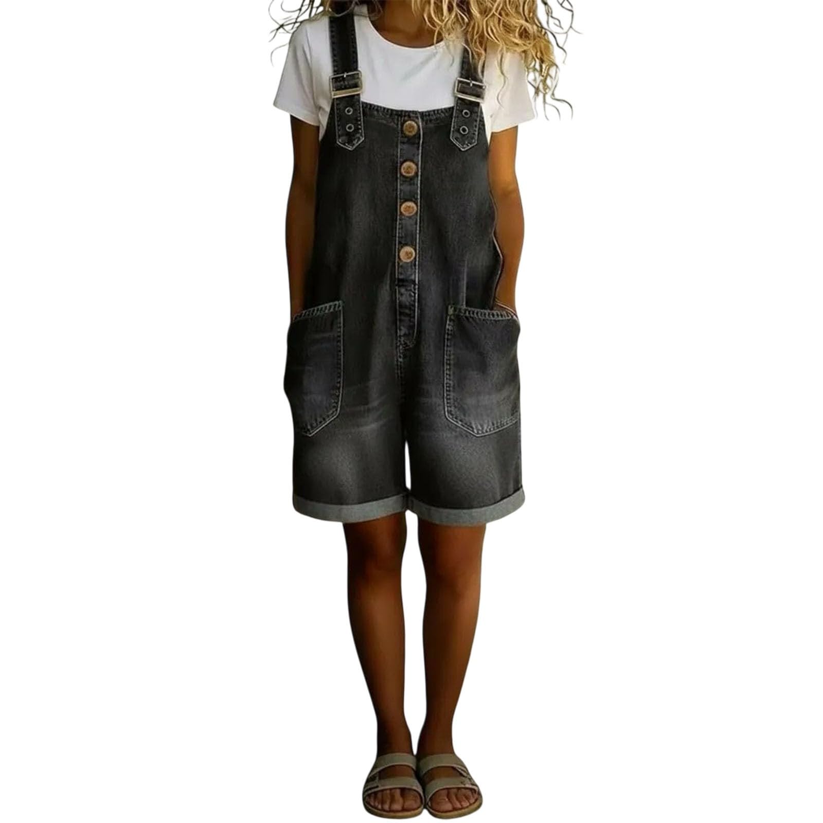 Bukknye Women's Black Denim Dungarees Adjustable Straps Sleeveless Casual Shorts Overalls Bib Jean Dungarees Loose-Fit Washed Distressed Retro Playsuits With Pockets