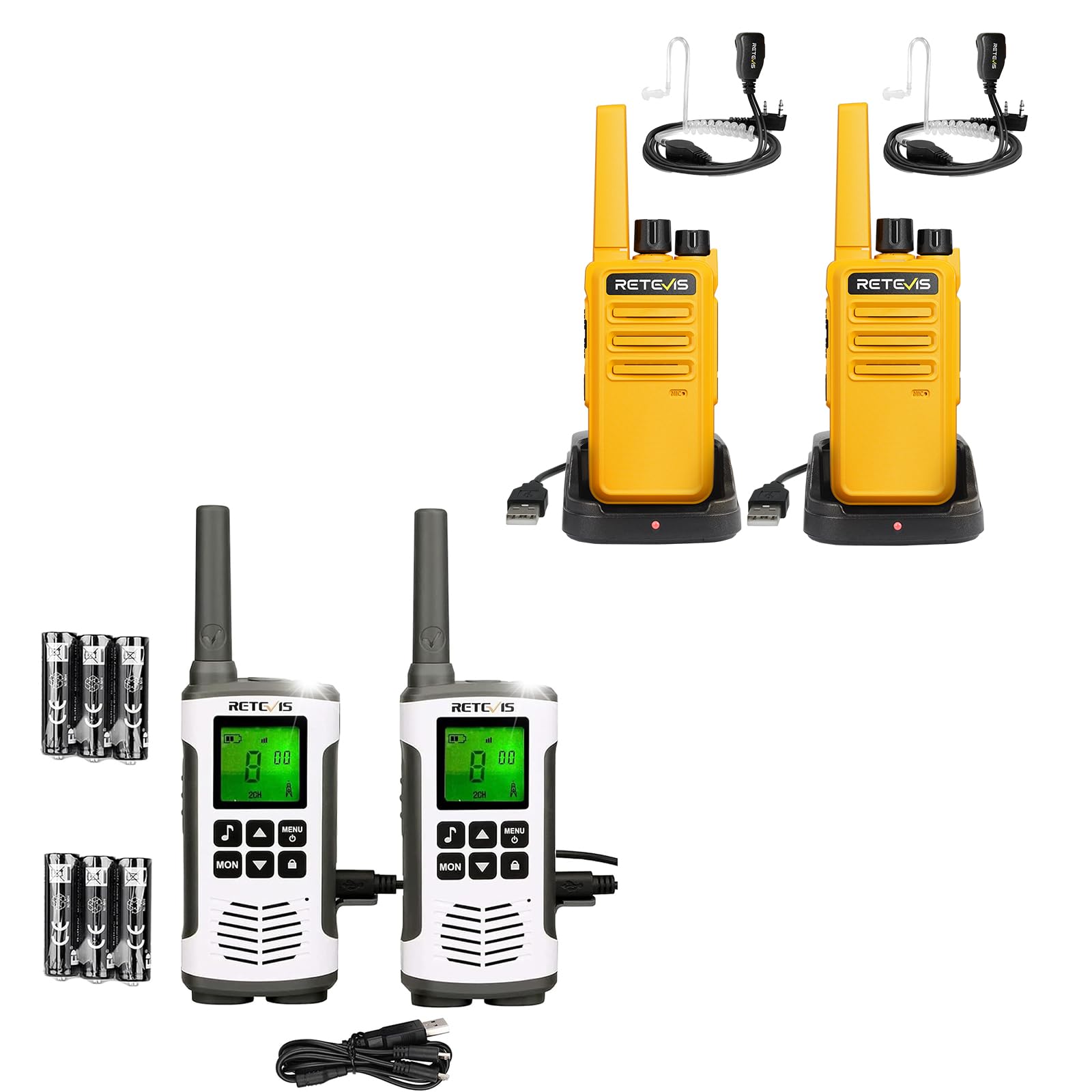 Retevis RT45 Walkie Talkie con RT668 Robusti Woki Toki con Auricolare | PMR446 Walkie Talkie Ricaricabili, VOX 16 Canali Torcia, Portatile Walky Talky Professionali per Campeggio Viaggio Esterni
