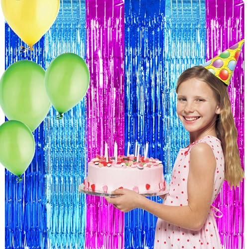 Image of TONIFUL Blue Pink Door Streamers,Blue and Pink Photo Booth Backdrop Metallic Streamers Foil Fringe Curtain for Birthday,New Year,Graduation,Grad,Baby Shower Party Streamers Decoration