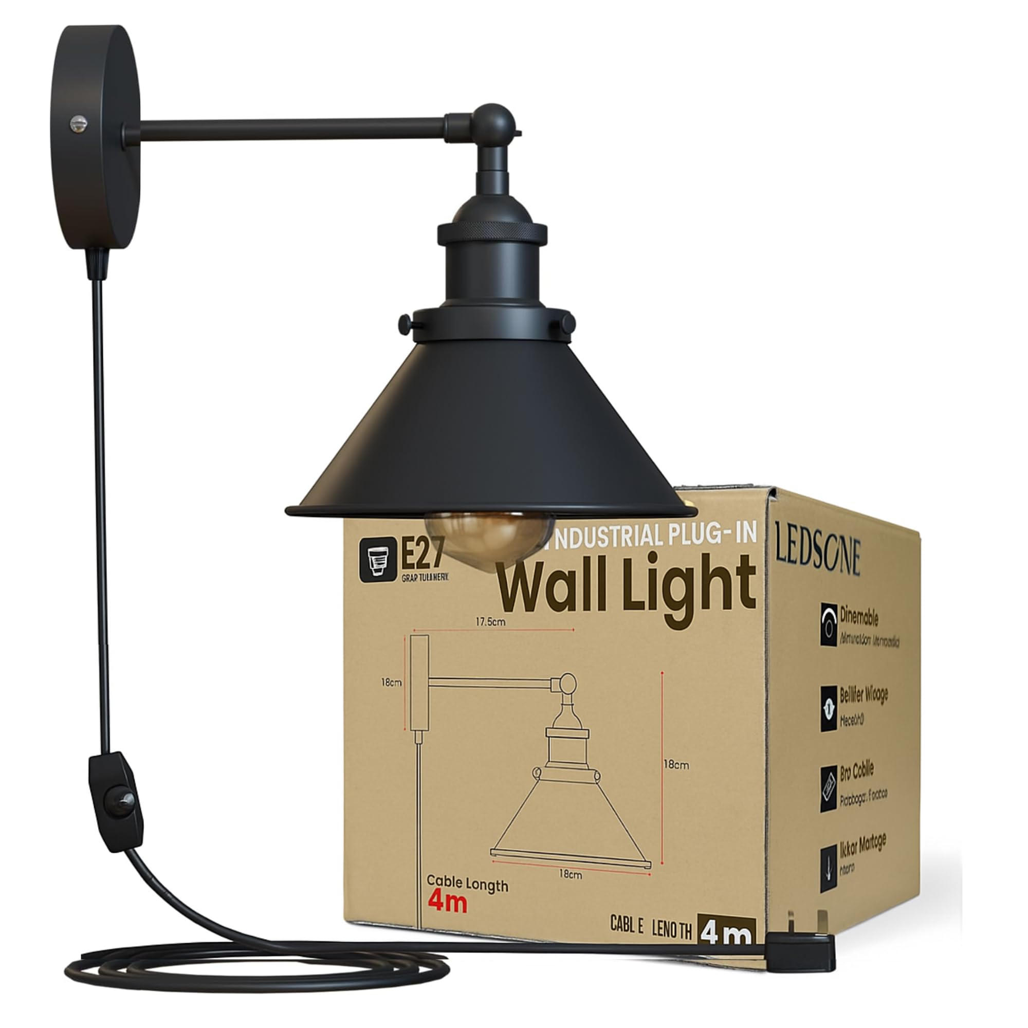LEDSone Plug in Wall Light Fixture Indoor 18cm Black Metal 180° Adjustable 4m Cable Cord with Dimmer Switch Industrial Lamps for Bedroom Living Room Kitchen, Restaurant — image 1