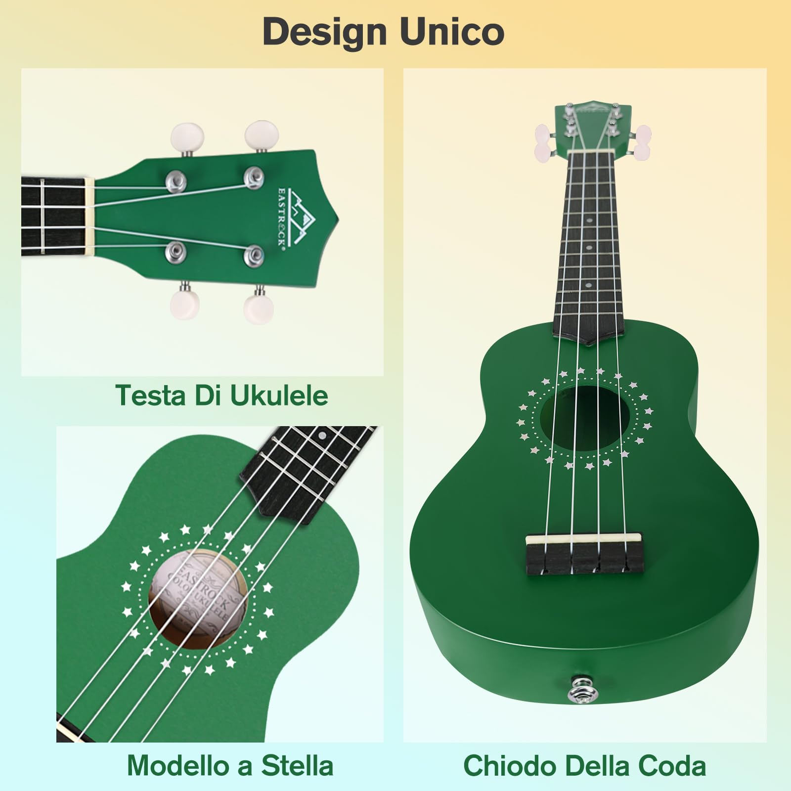 EastRock Ukulele soprano 21 pollici, ukulele kit per Bambino Principiante con borsa,string, instruction manual (verde)