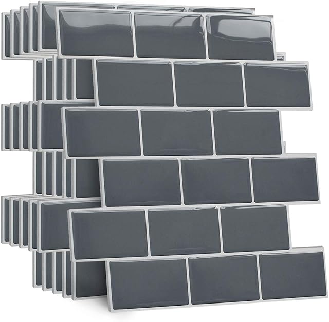 Yoillione Upgrade Thicker Peel and Stick Wall Tiles Stickers for Kitchen and Bathroom, Self Adhesive Wall Tiles Backsplash 3D Stick on Tiles Splashback Grey Metro Subway Tiles, 10 Sheets