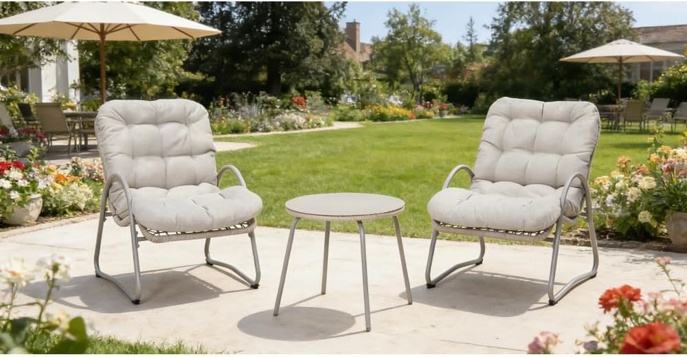 Outdoor 3 Piece Patio Furniture Set Iron Frame Wicker Accent Chair with Small Table, Ergonomic Reading Chair for Office Pool Beach, Off White