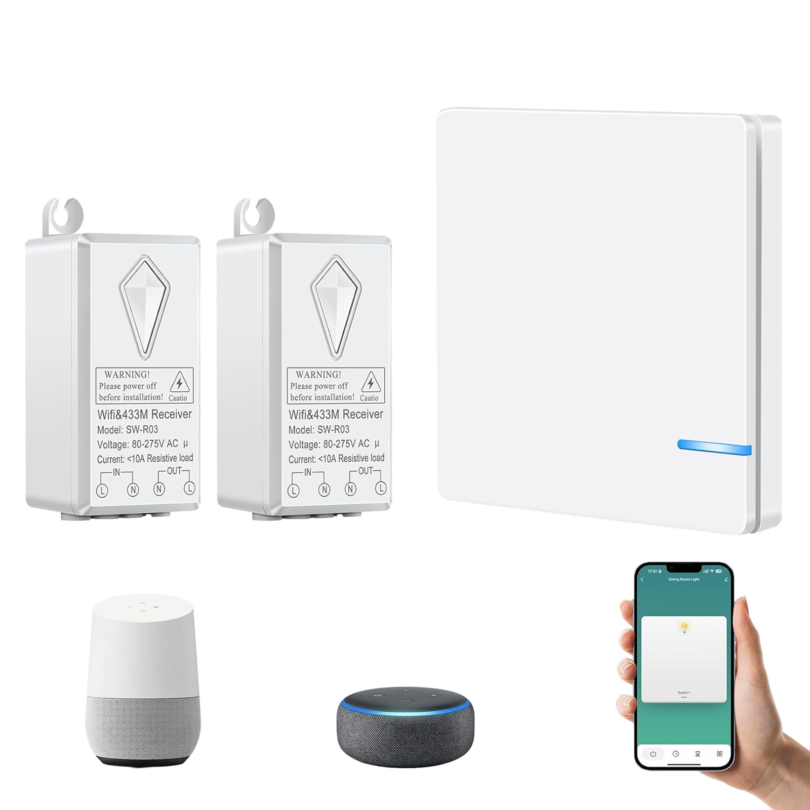 NineLeaf Wireless Smart Light Switch with Receiver,No Wiring Required,Schedule and Timer,Voice Control with Alexa & Google Assistant,Multi-Way Switches for Home Lighting (1 Switch+2 WIFI Receiver)