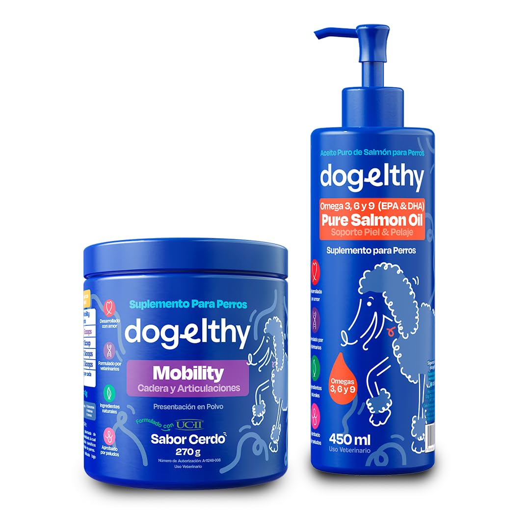 Dogelthy Kit de Mobility Sabor Cerdo 270 g + Aceite de Salmón 450ml | Apoyo para Articulaciones, Movilidad y Omega-3 | Suplementos Naturales para Perros