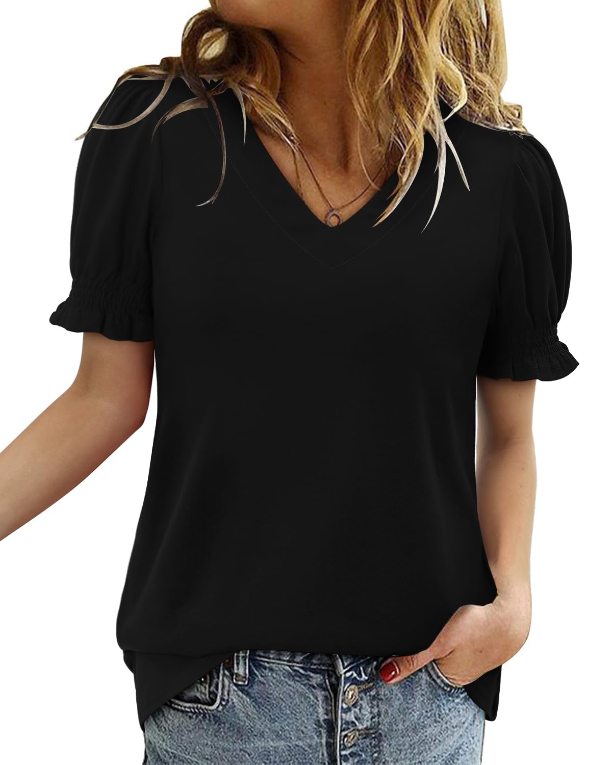 CRAZY GRID Women's Summer Tops Ruffle Short Sleeve 2025 Casual Knit Loose Fit T-Shirt
