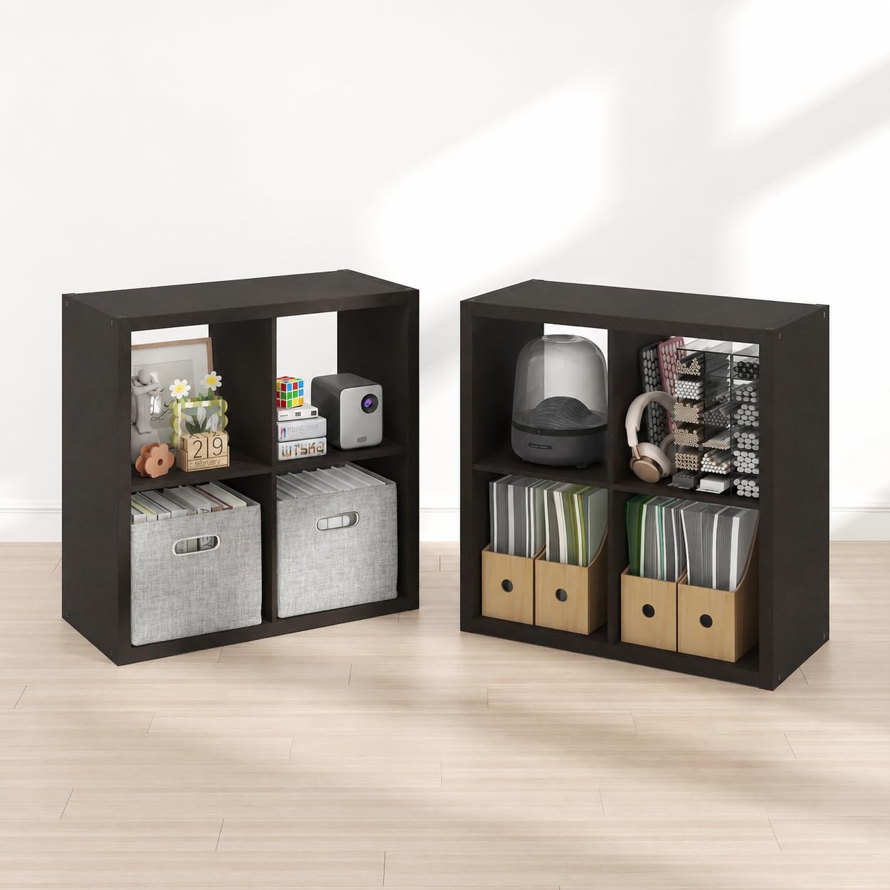 Furinno CUBICLE Book Shelf Set of 2, 4-Cube Bookself, Thick Frame Bookcase with Reversible Open Back, 37.1 x 76.2 x 76.2 cm, for Living Room, Bedroom, Home Office, Black Dark Oak