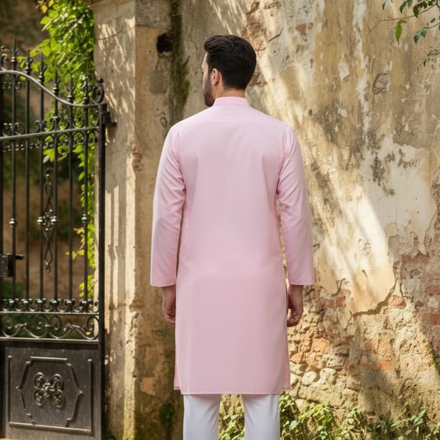 Image of Men's Cotton Blend Blend Knee Length Solid Color Style Stright Long Mandrin Collor Ethnic Casual Wear Kurta Only