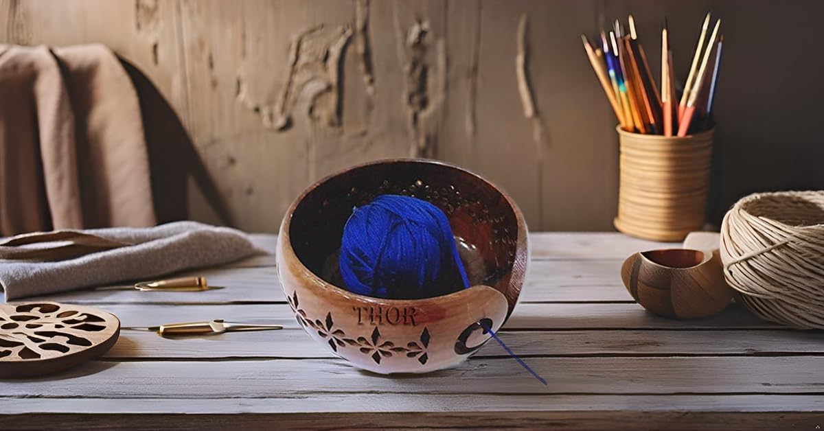 Handmade Brown Wooden Yarn Bowl Knitting Crochet Organizer Storage Holder Rustic Vintage Home Decor Gifts