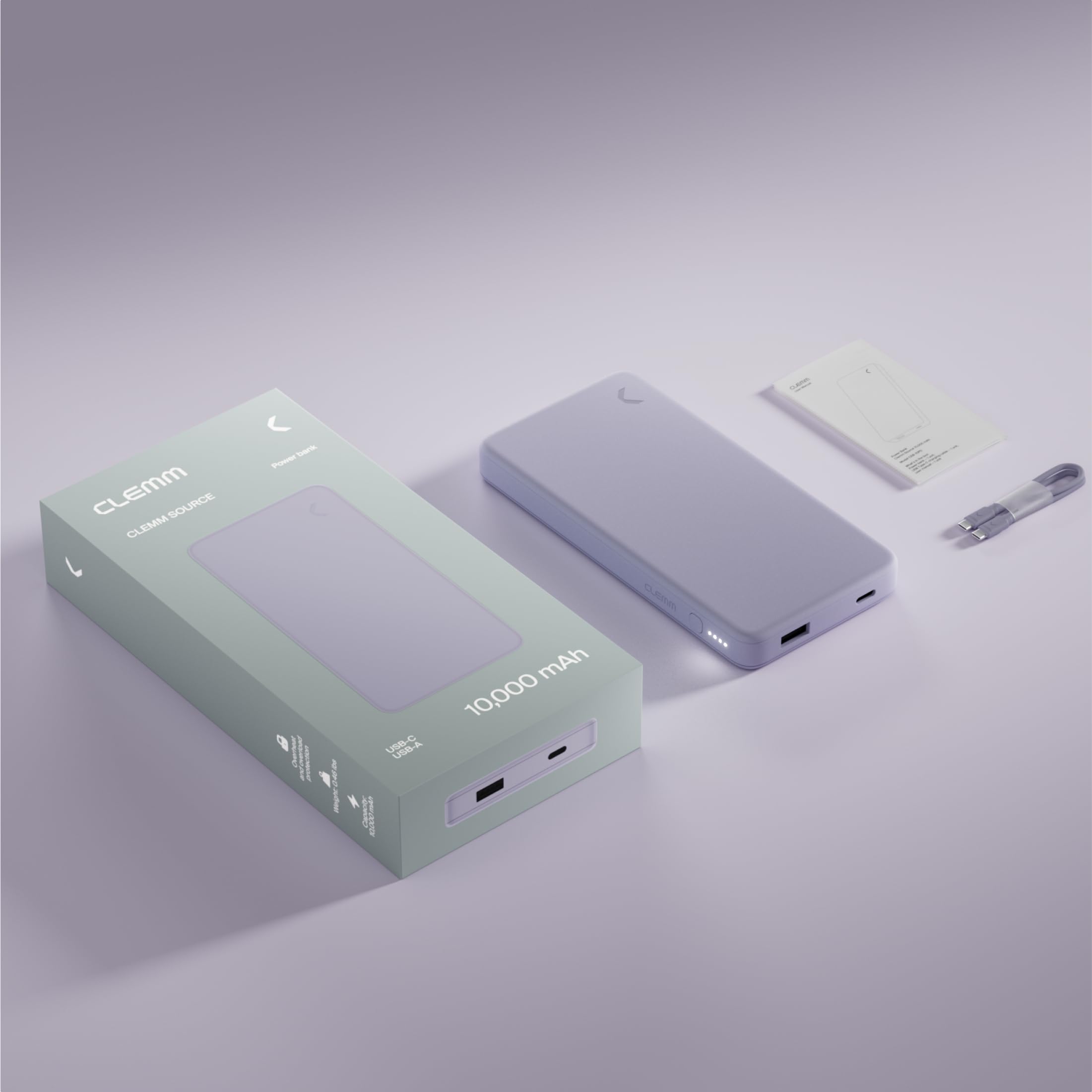 Clemm Caricabatterie portatile 10K mAh Dual Port (USB-A, USB-C) Ricarica rapida Power Bank per iPhone 16/15/14, Samsung Galaxy, iPad, Google Pixel e altri, lavanda
