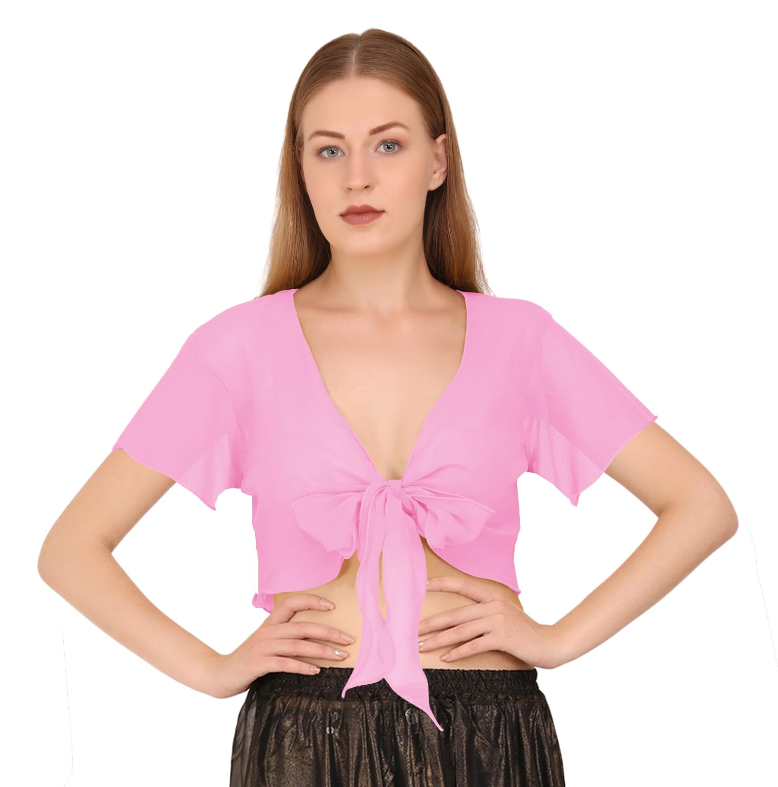 Indian Trendy Women's Chiffon Short Sleeve Tie Top Choli Blouse Belly Dance Gypsy Tie Front Cardigan Tops
