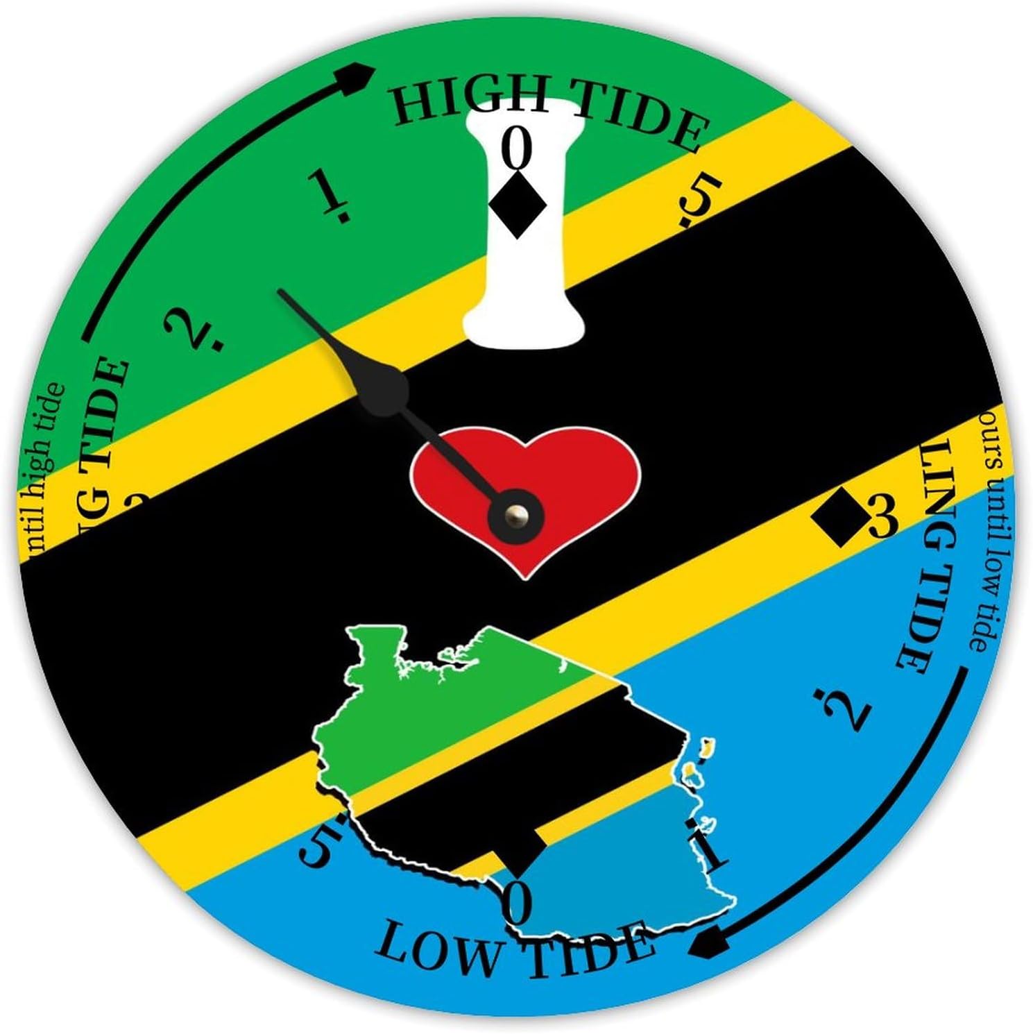 Rustic Wood Tide Clock Tanzania Flags Ocean Time Wooden Clock Wood Moon Tidal Clock for Wall High and Low Tide Movement Clock for Seaside House Cottage Hotel Camping 12x12 in
