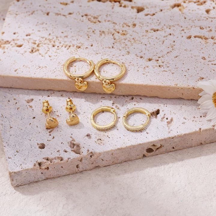 Image of Gold Plated Earrings for Women, 14k Gold Plated Earring Stack Hypoallergenic Pearl Drop Earring Dainty Earrings for Women Trendy Cute Small Huggie Hoop Earring Fashion Womens Jewelry