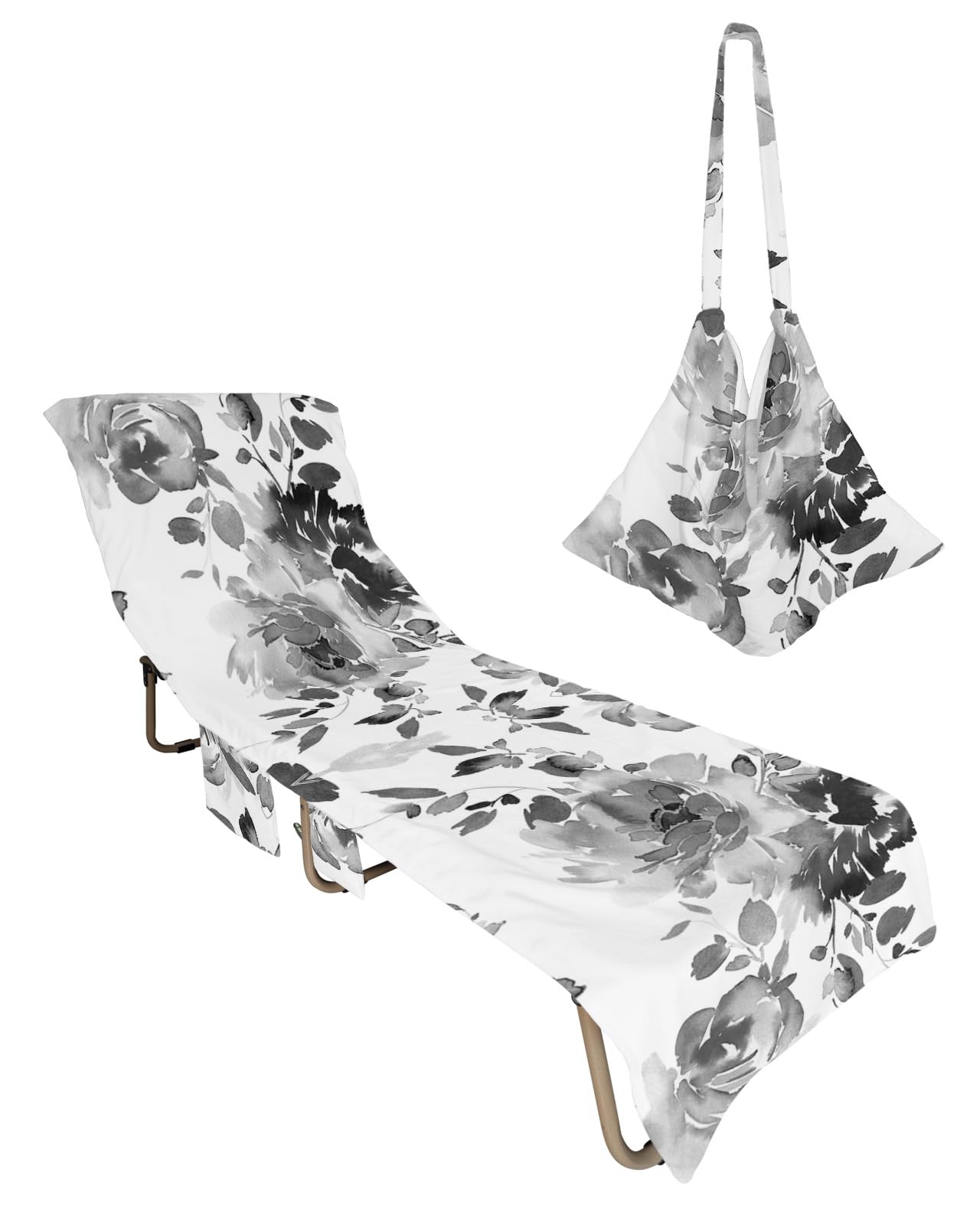 Black Grey Botanical Beach Lounge Chair Towel Cover, Soft Chaise Lounge Towel with Side Pockets Patio Pool Chairs Cover for Beach/Pool Sunbathing 29x85 Watercolor Spring Floral Abstract Art