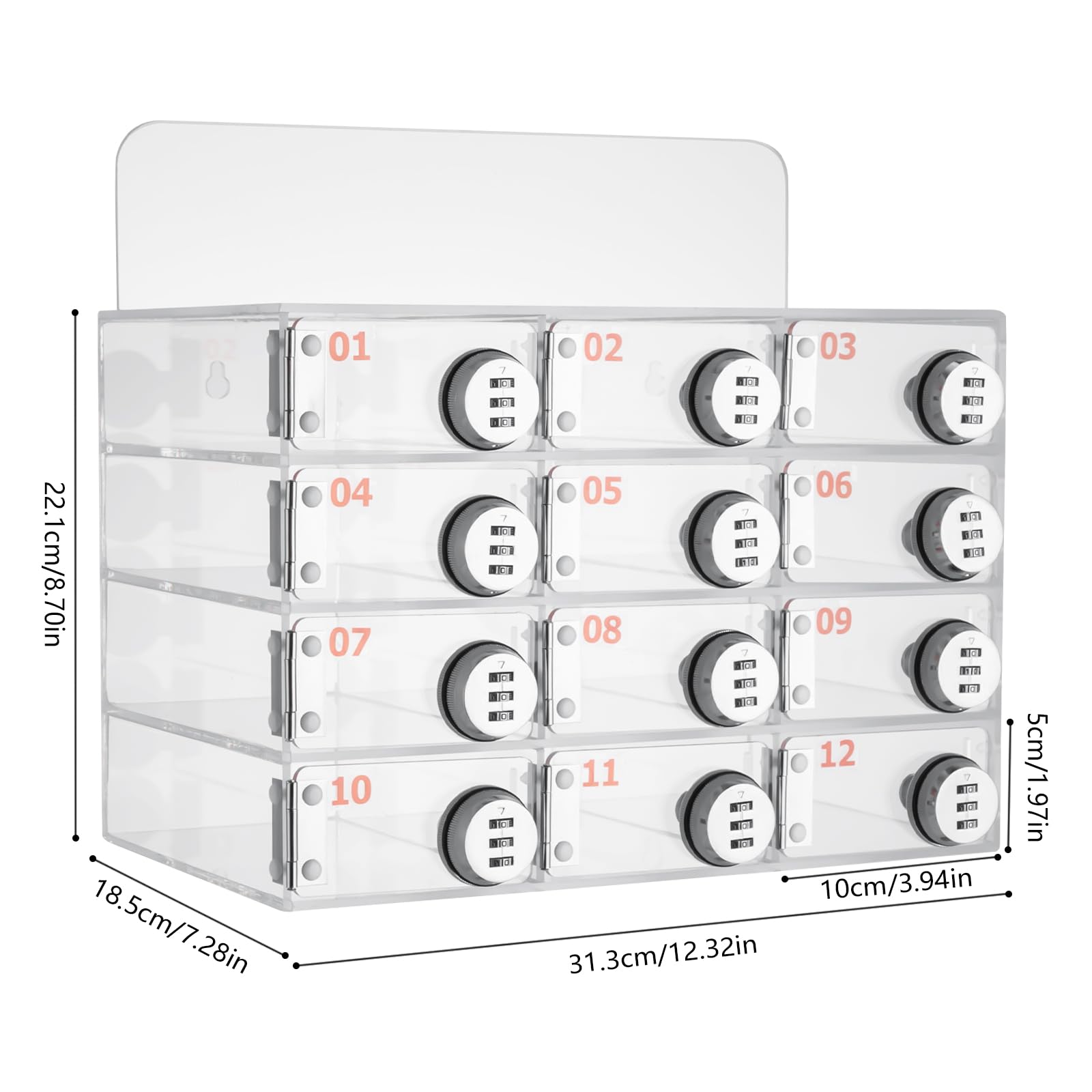 YUYFCC 12 Slots Cell Phone Locker Clear Acrylic Sell Phone Lock Box Modern Cell Phone Locker Storage Cabinet Organizer with Combination Lock for Office School Classroom, Clear
