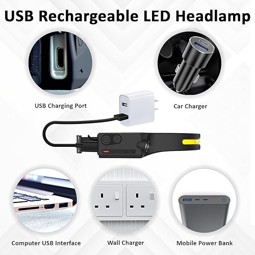 Miniatura 4 de Linterna frontal LED recargable con sensor de movimiento, lámpara de cabeza USB, cómoda diadema con haz ancho, 5 modos, 350 lúmenes, linterna ultra