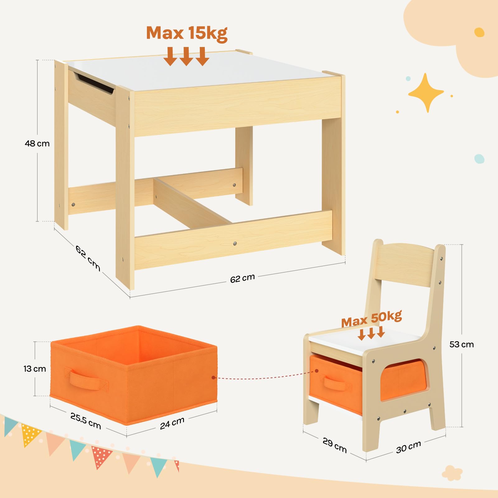 WOLTU Set Mobili con Lavagna Contenitore Tavolo e Sedie per Bambini Soggiorno Tavolino con 2 Sgabelli in Legno
