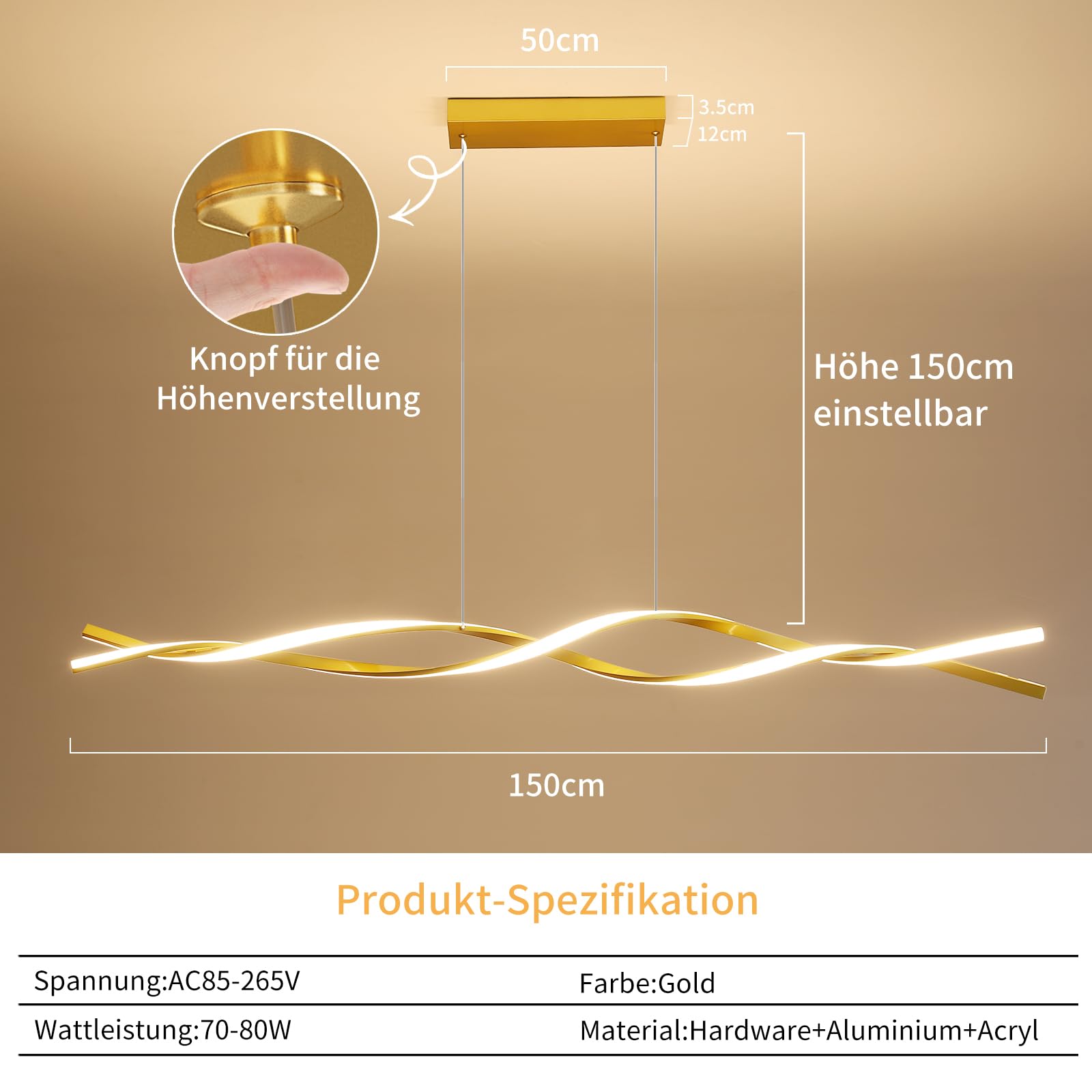 Mikeru Luce a Pendente a Onda da 150cm, Lampadario Lineare Dorato 3000K/4500K/6500K Luce a Onda Isola 10%-100% Dimmerabile Luci Appese Regolabili in Altezza con Funzione di Memoria per Isola Cucina