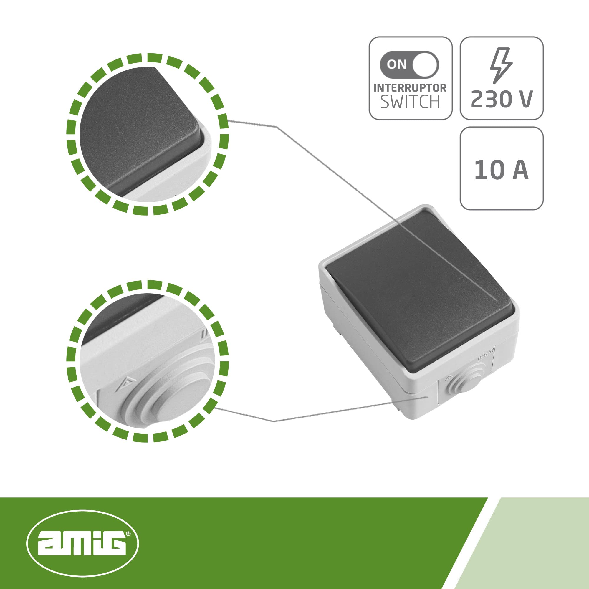 Amig - Bouton Poussoir Étanche IP54 | 10A 230V | Pour Extérieur & Intérieur | Résistant aux Intempéries | Terrasses & Garages, Multicolore, Thermoplastique