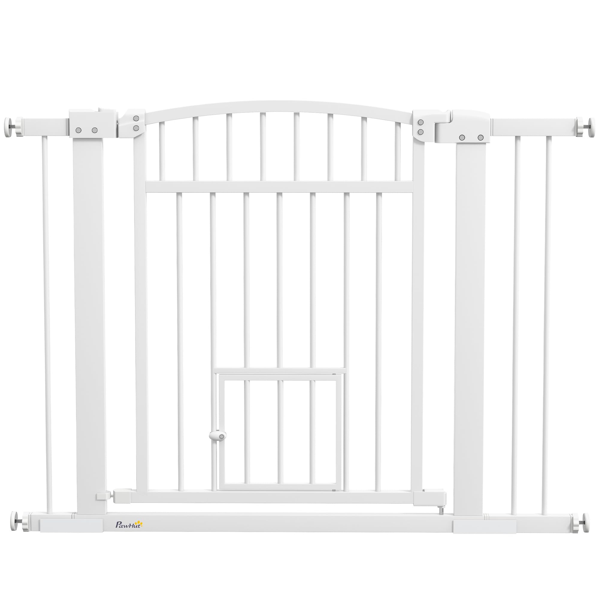 PawHut - Barrera de seguridad para perro extensible 76-104 x 77 cm, barrera de escalera y puertas con sistema de doble bloqueo, montaje por presión o perforación, barrera de perro y gato, color blanco