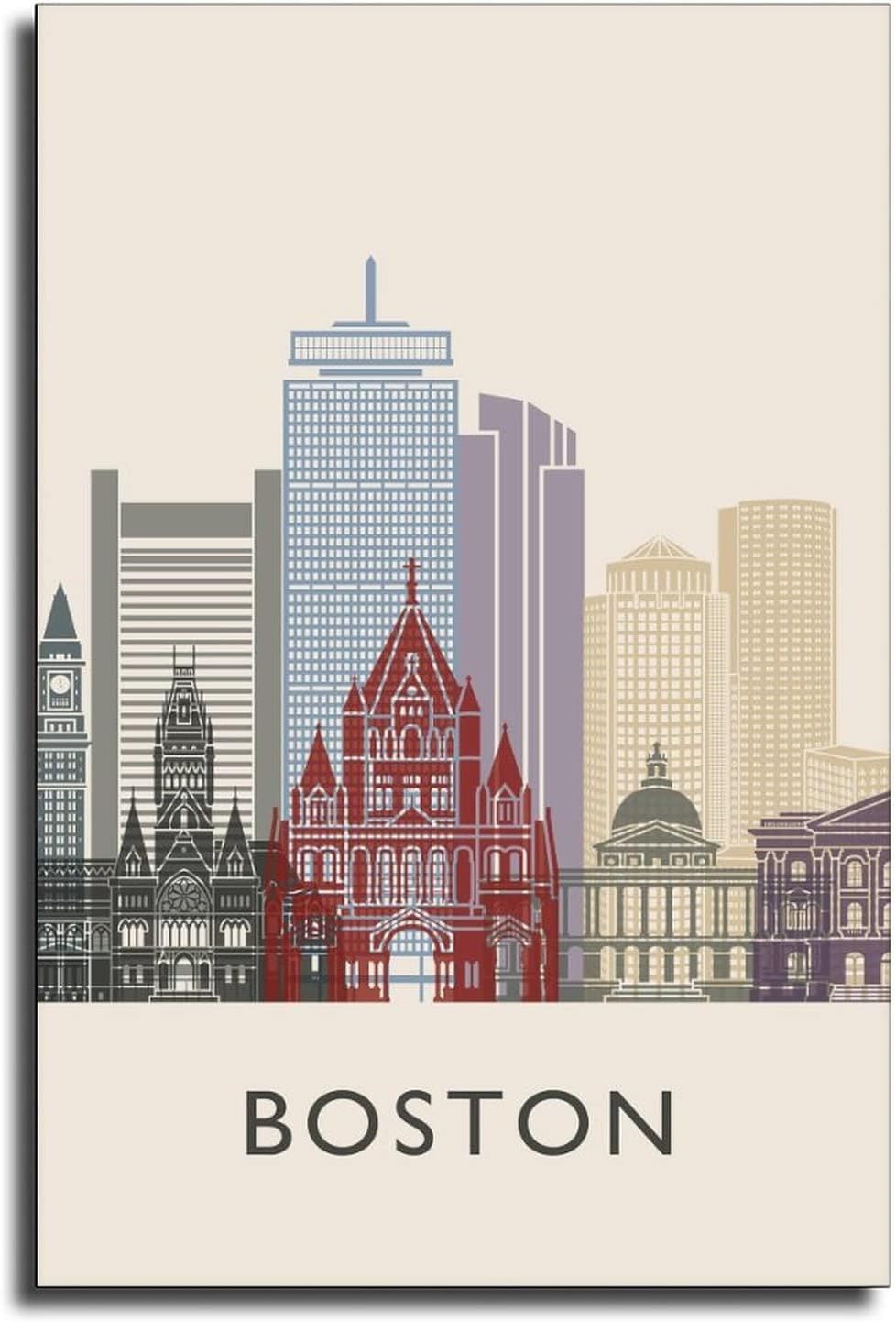 Wall Retro City Boston Illustrated Posters, Boston Skyline