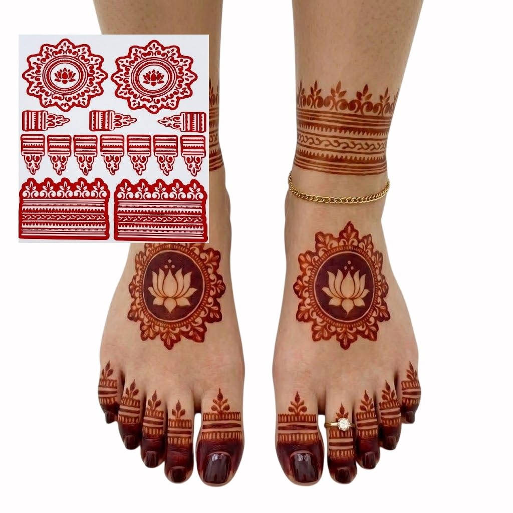 Red Lotus Mehndi Foot Sticker Sheet Bridal Tattoo Decal Indian Floral Mandala Design Sticker Temporary Art Adhesive Template Kit Women Girls-image-9