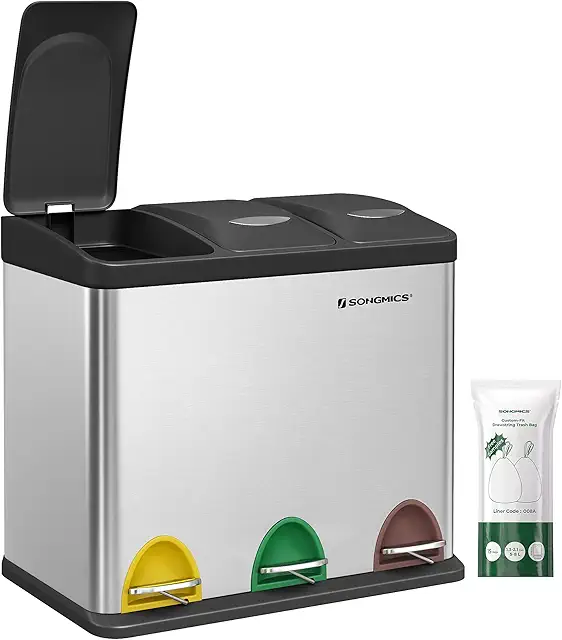 Cestino Raccolta Differenziata SONGMICS 3x8L, Acciaio Argento e Nero per Cucina
