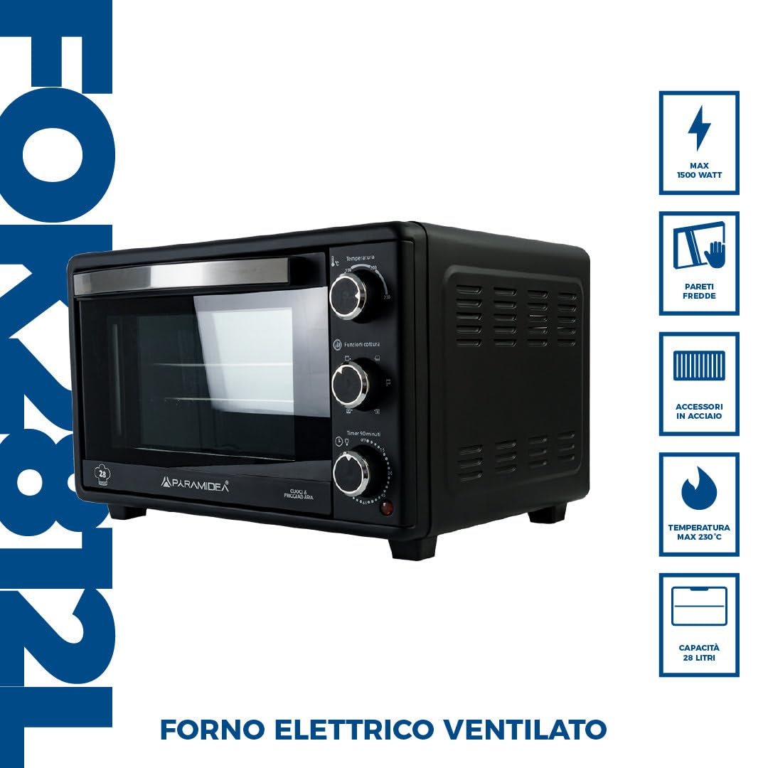Forno Elettrico Ventilato 28 Litri 1500W Acciaio Inox Lavastoviglie Timer 90 min FOK2812