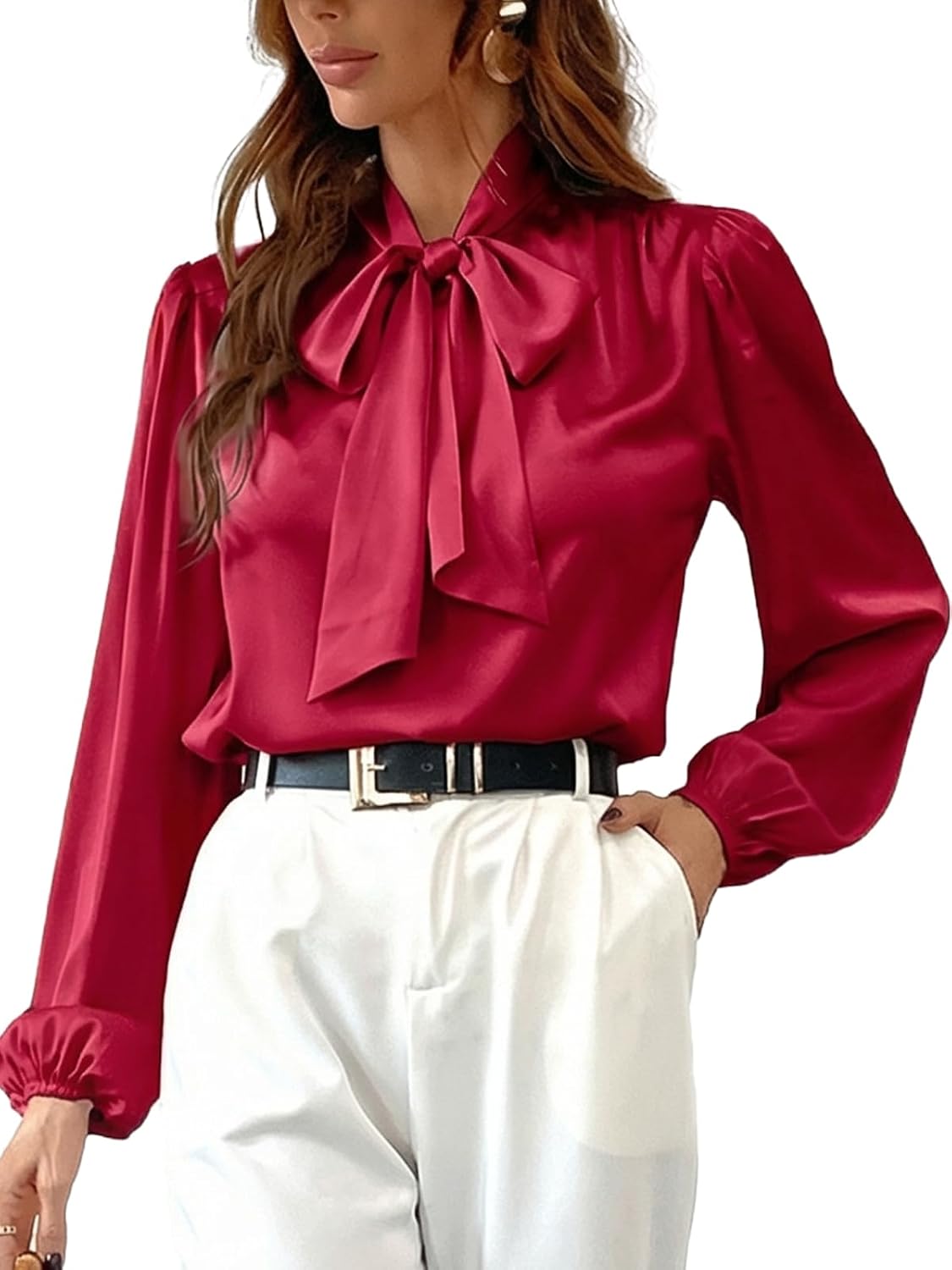 CUPSHE Women's Satin Bow Tie Neck Long Sleeve Blouse | Dressy Casual Fall Silk Shirt. Soft & Lightweight, Elegant Teacher Outfit. Versatile for Office, Work, Business, Party, Daily