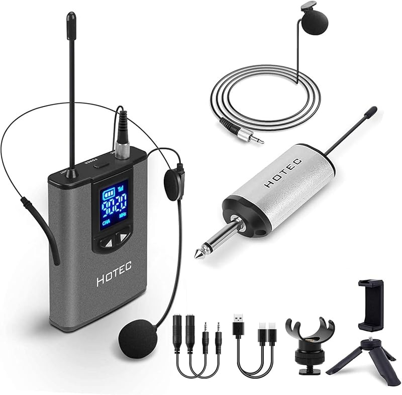 HOTEC UHF micrófono inalámbrico para auriculares/micrófono de solapa Lavalier con transmisor Bodypack y mini receptor recargable salida de 1/4" para Vlogging o discurso