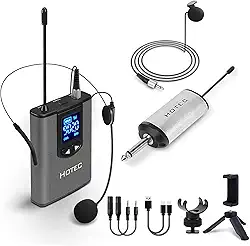 HOTEC Microfone de lapela sem fio UHF/microfone de lapela Lavalier com transmissor Bodypack e mini receptor recarregável de 1/4" de saída para vlogging ou discurso